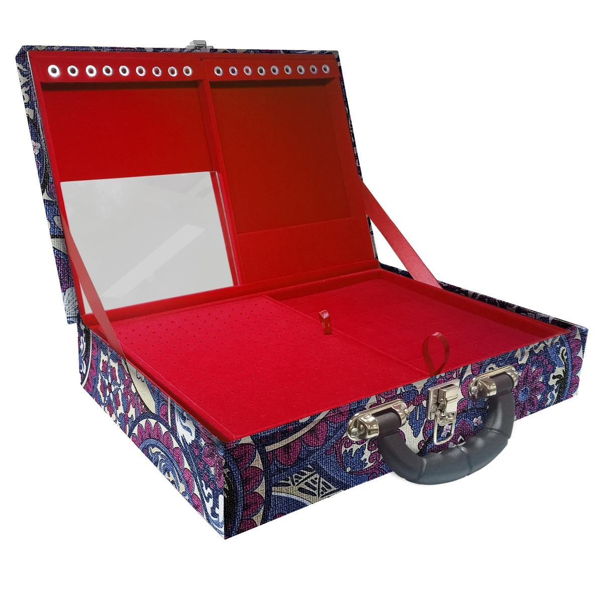 Estojo Maleta Porta Jóias Duplo Grande Mandala Roxa Com Alça Preta e Espelho