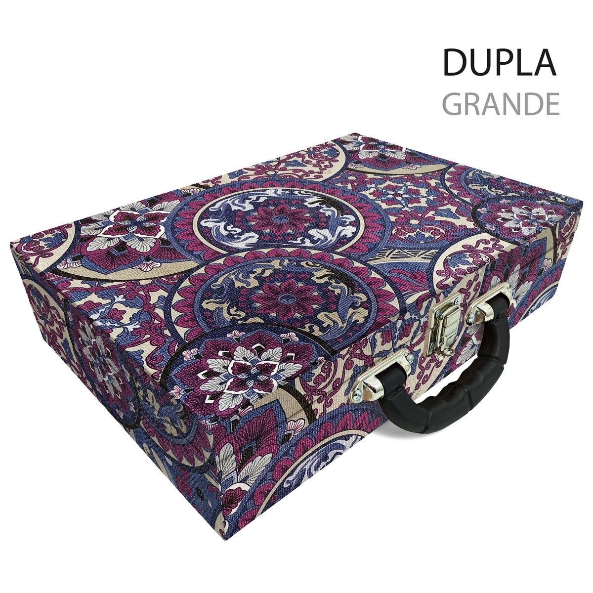 Estojo Maleta Porta Jóias Duplo Grande Mandala Roxa Com Alça Preta e Espelho