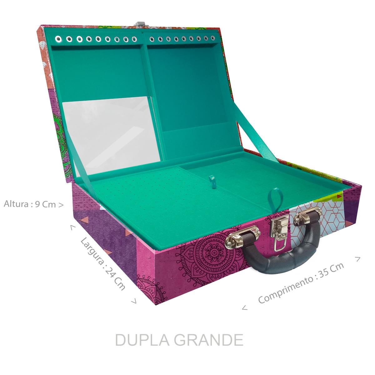 Estojo Maleta Porta Jóias Duplo Grande Mandala Tibete Com Alça Preta e Espelho