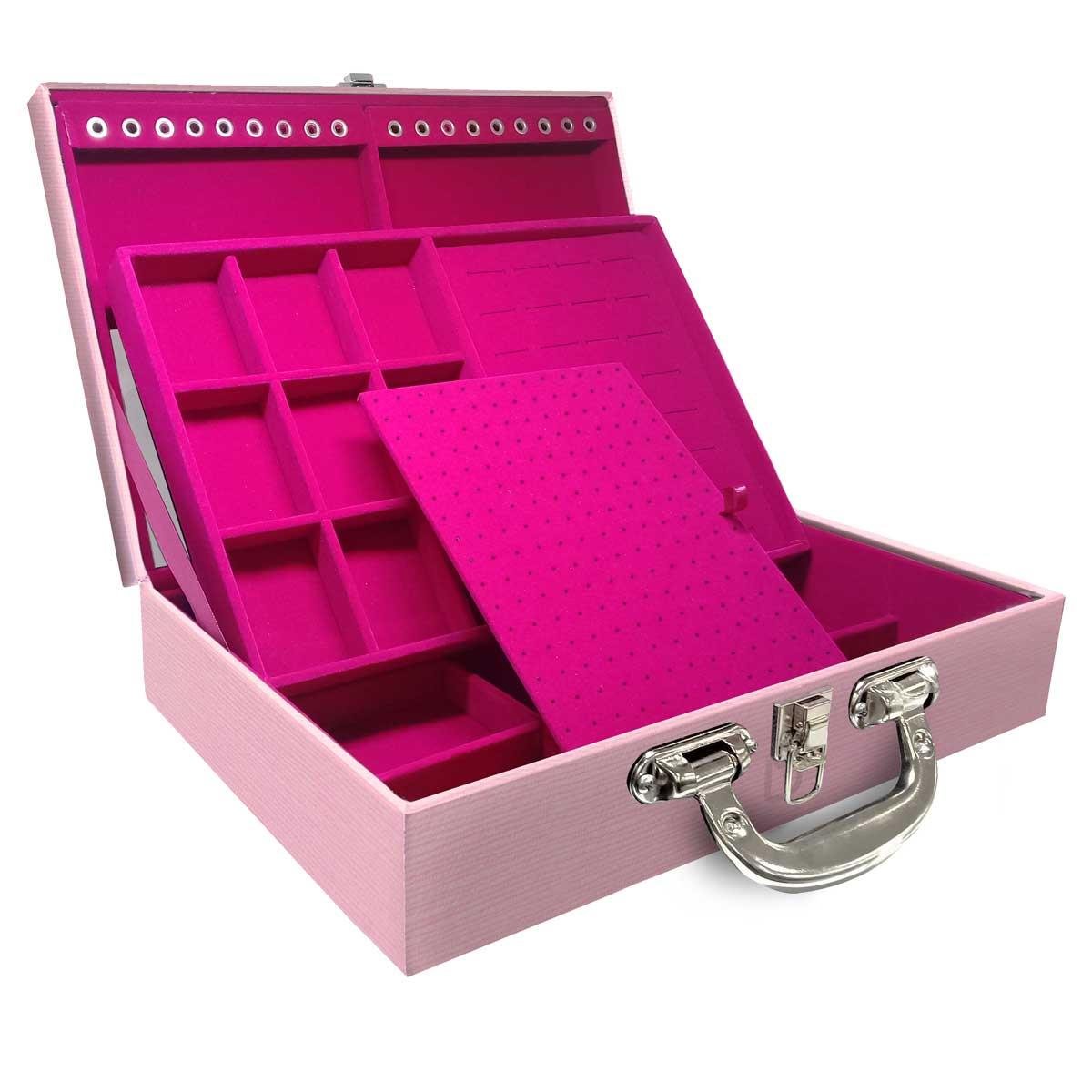 Estojo Maleta Porta Jóias Duplo Grande Milão Rosa Com Alça Cromada e Espelho