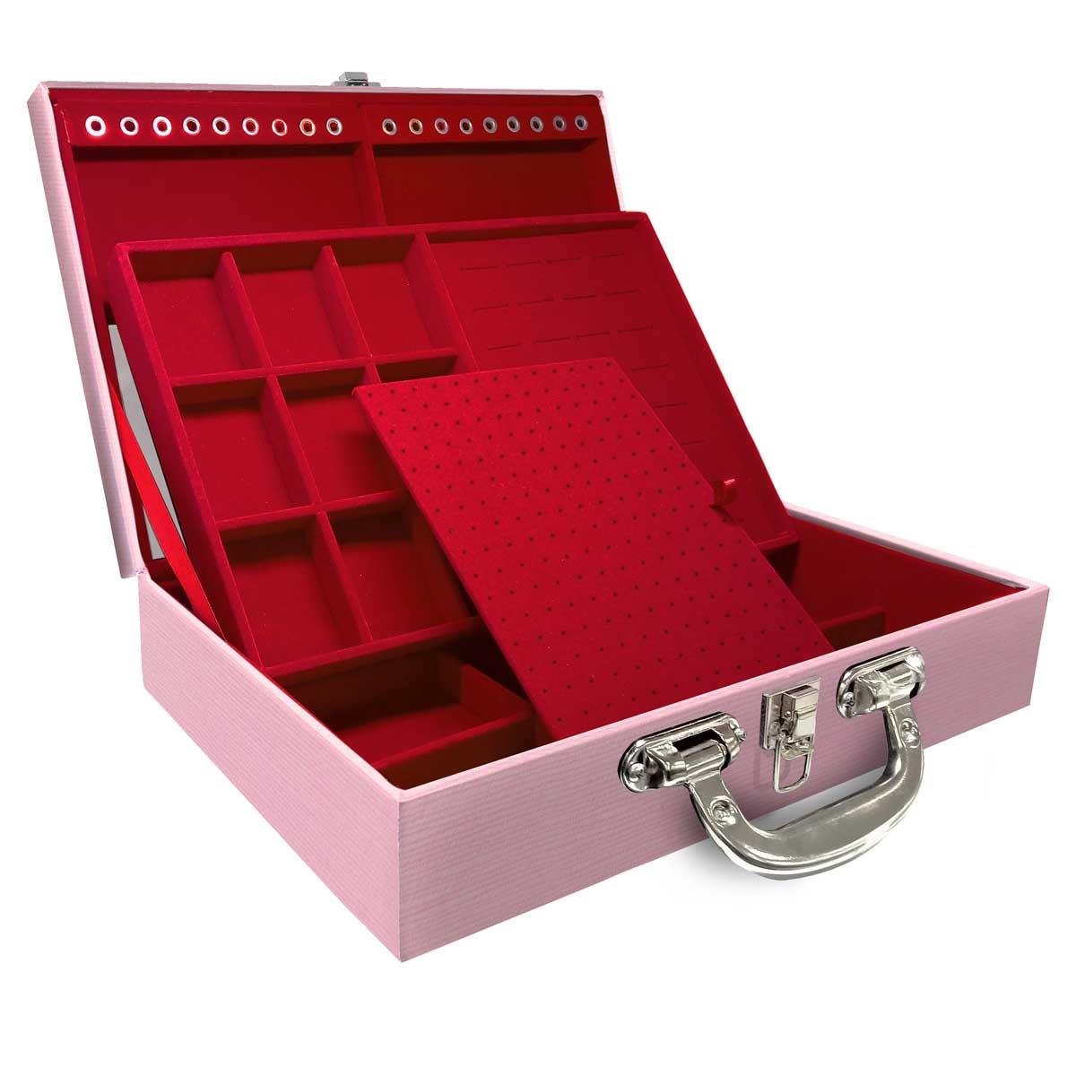 Estojo Maleta Porta Jóias Duplo Grande Milão Rosa Com Alça Cromada e Espelho