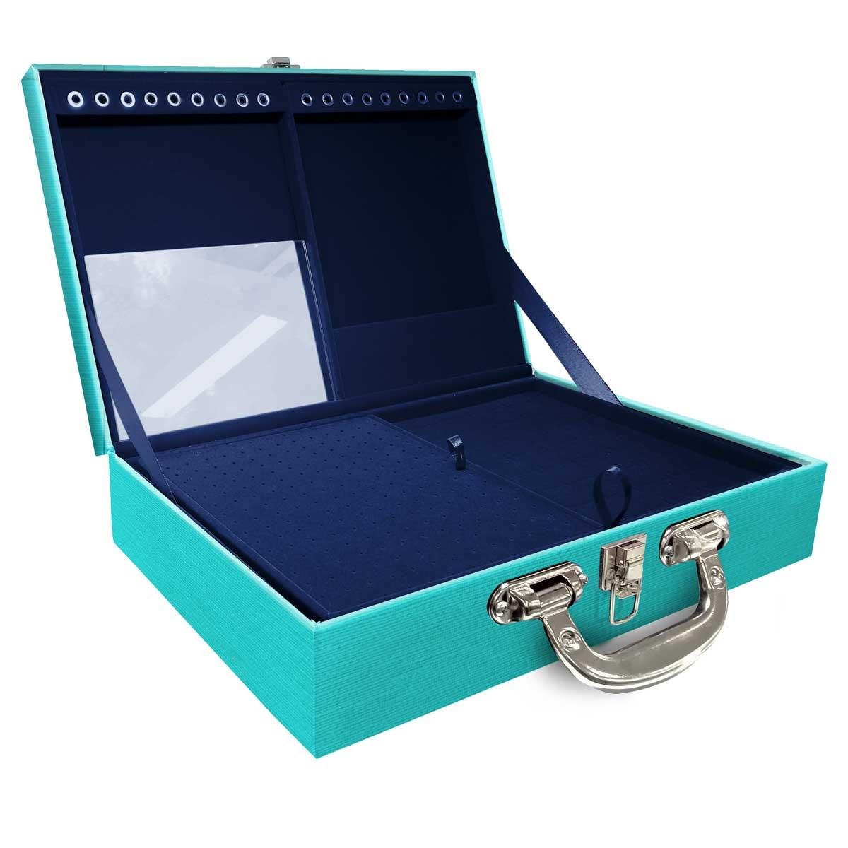 Estojo Maleta Porta Jóias Duplo Grande Milão Tiffany Com Alça Cromada e Espelho