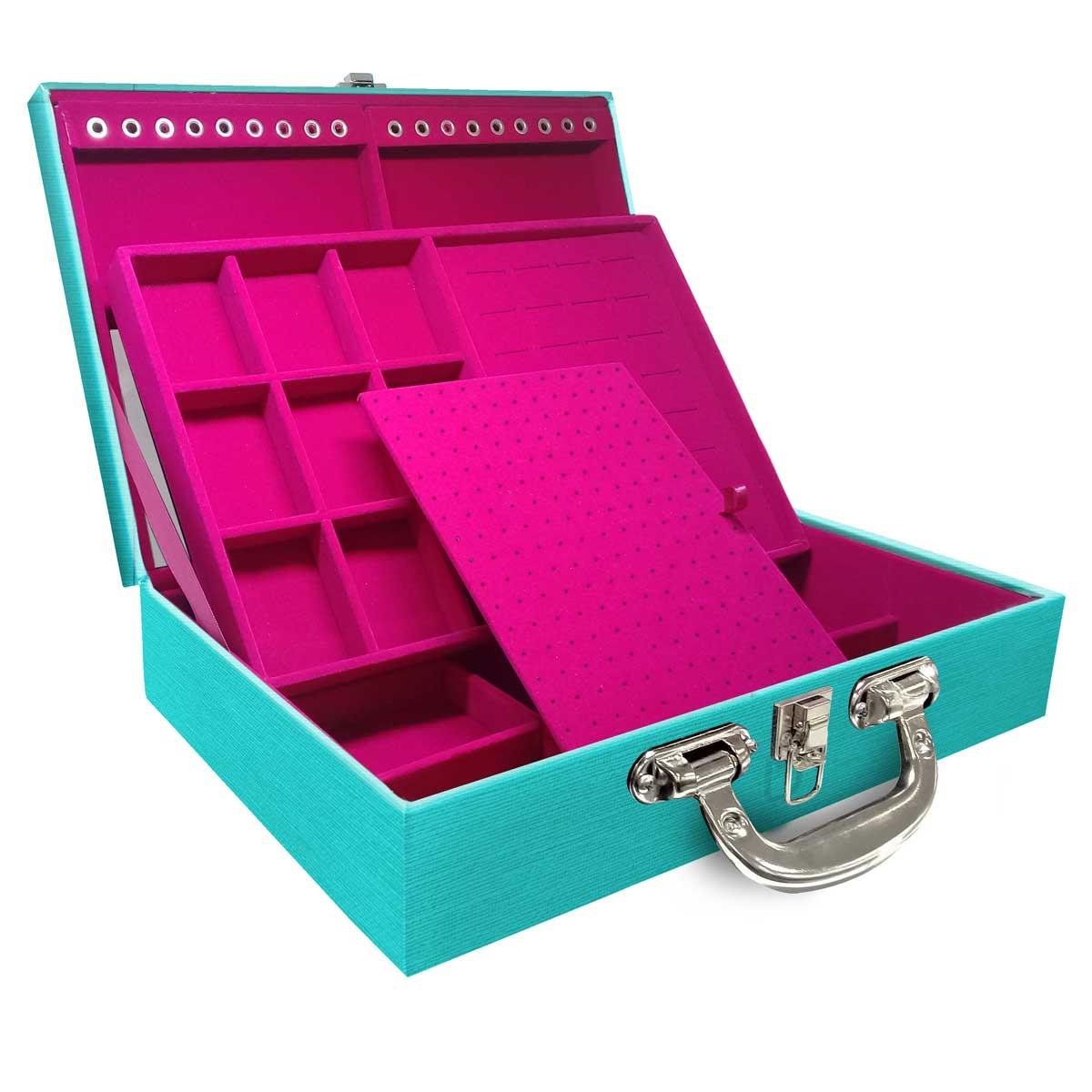 Estojo Maleta Porta Jóias Duplo Grande Milão Tiffany Com Alça Cromada e Espelho