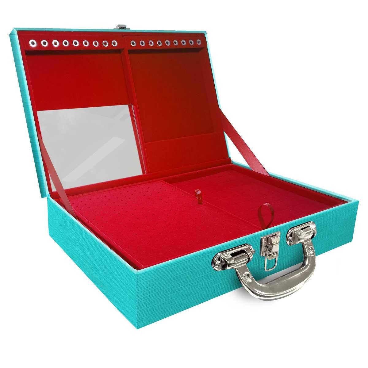 Estojo Maleta Porta Jóias Duplo Grande Milão Tiffany Com Alça Cromada e Espelho