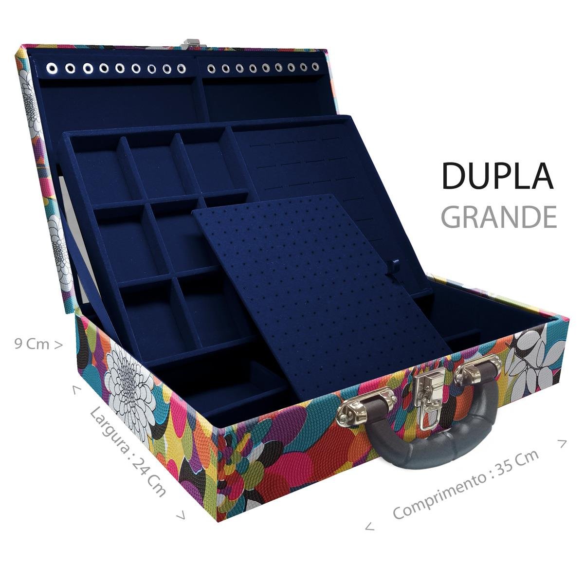 Estojo Maleta Porta Jóias Duplo Grande Mosaico Girassol Com Alça Preta e Espelho