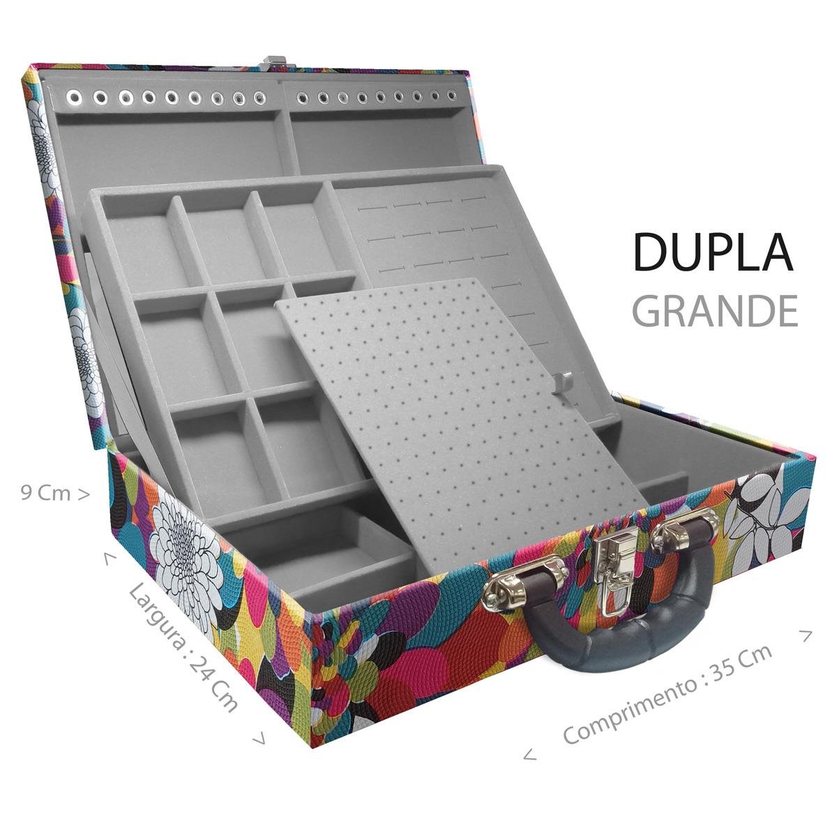 Estojo Maleta Porta Jóias Duplo Grande Mosaico Girassol Com Alça Preta e Espelho