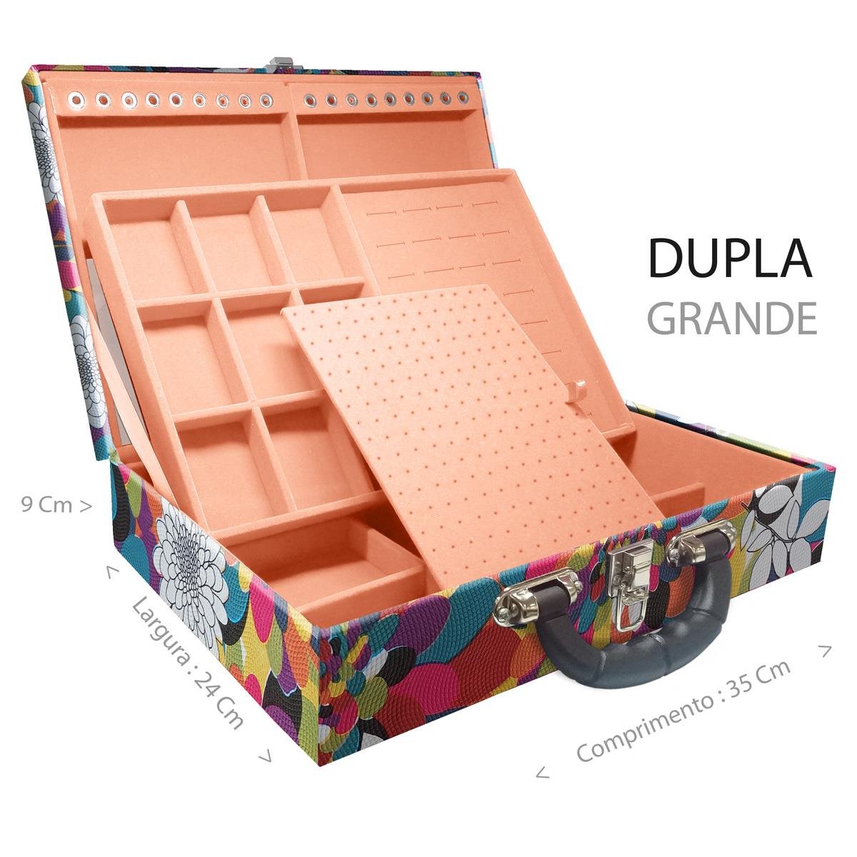 Estojo Maleta Porta Jóias Duplo Grande Mosaico Girassol Com Alça Preta e Espelho