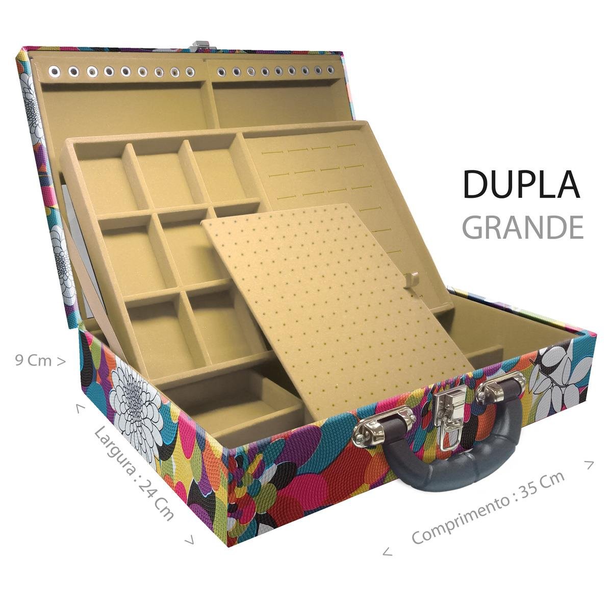 Estojo Maleta Porta Jóias Duplo Grande Mosaico Girassol Com Alça Preta e Espelho