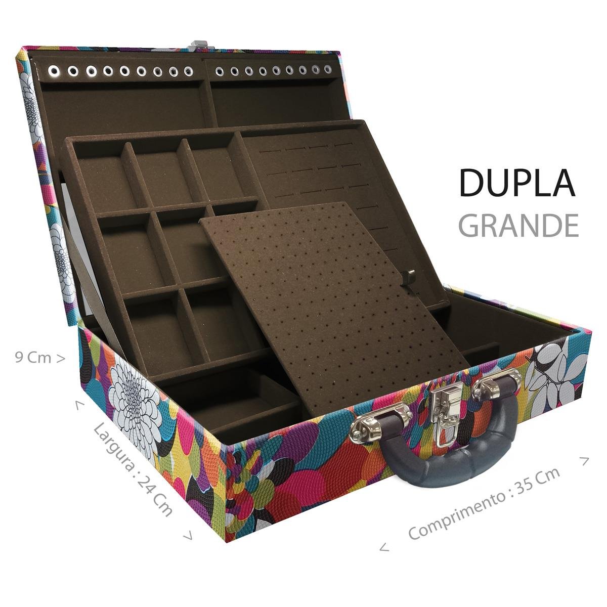 Estojo Maleta Porta Jóias Duplo Grande Mosaico Girassol Com Alça Preta e Espelho
