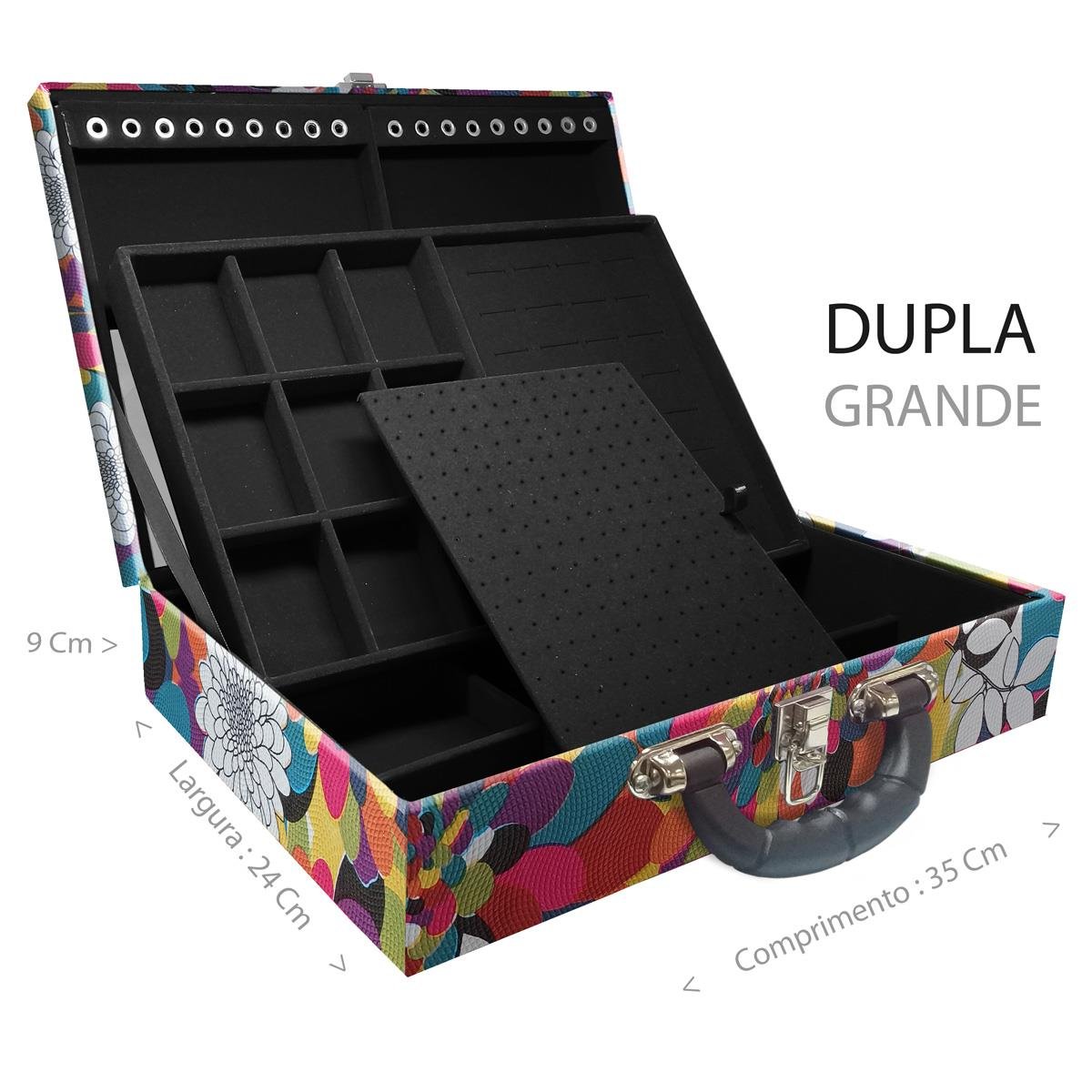 Estojo Maleta Porta Jóias Duplo Grande Mosaico Girassol Com Alça Preta e Espelho