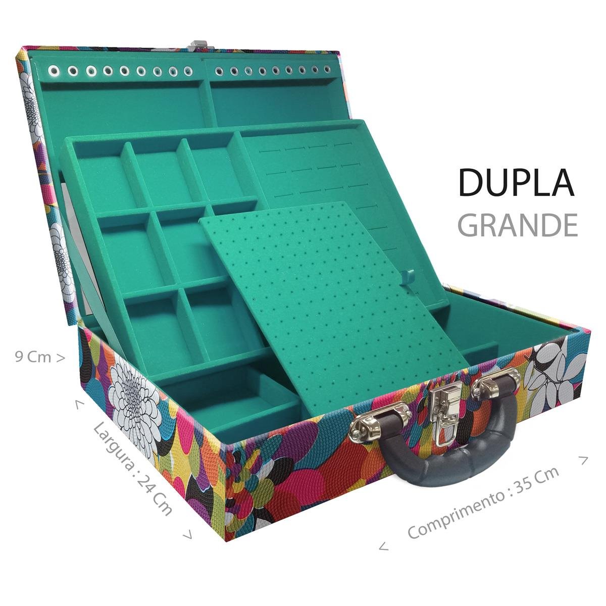 Estojo Maleta Porta Jóias Duplo Grande Mosaico Girassol Com Alça Preta e Espelho