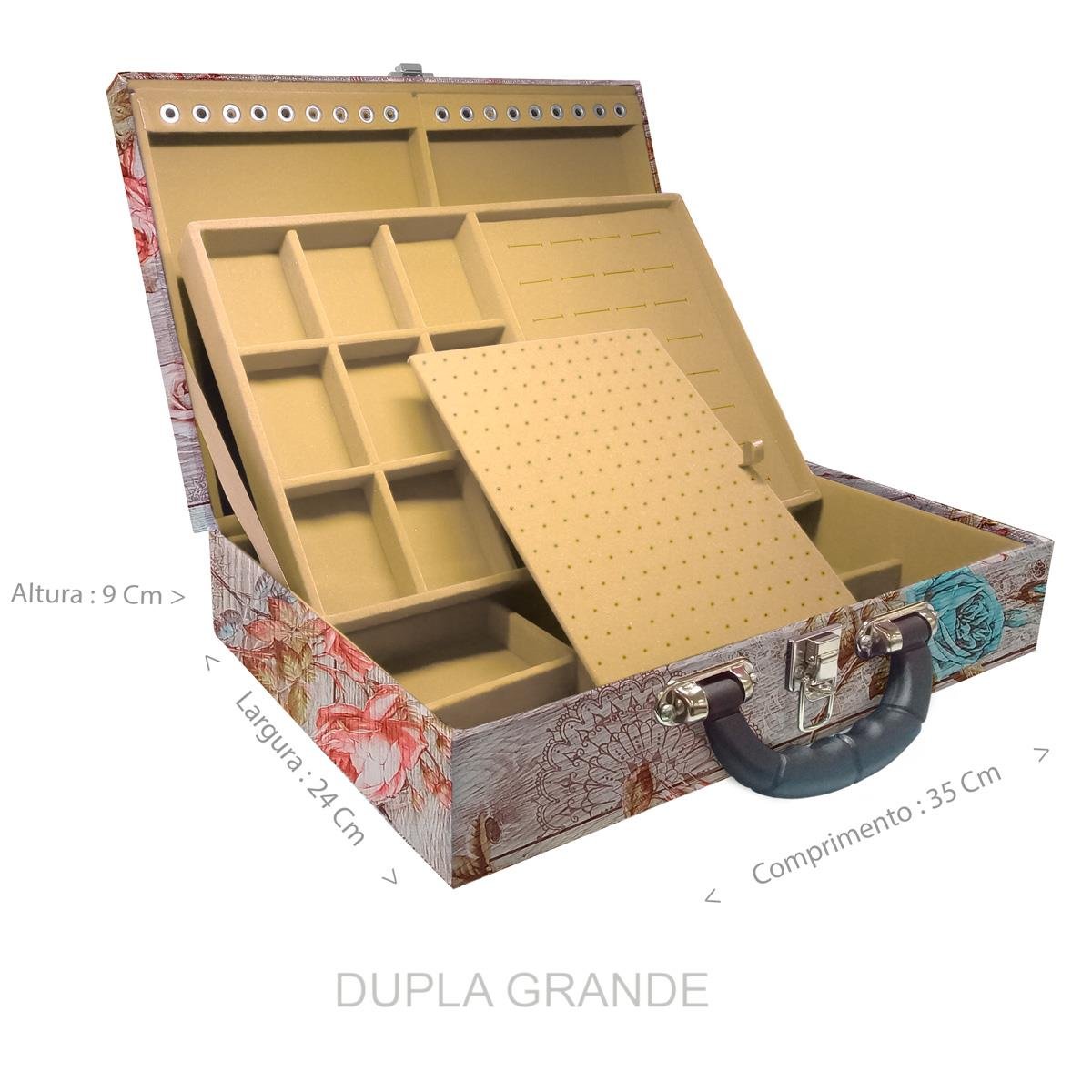 Estojo Maleta Porta Jóias Duplo Grande New Romantic Com Alça Preta e Espelho