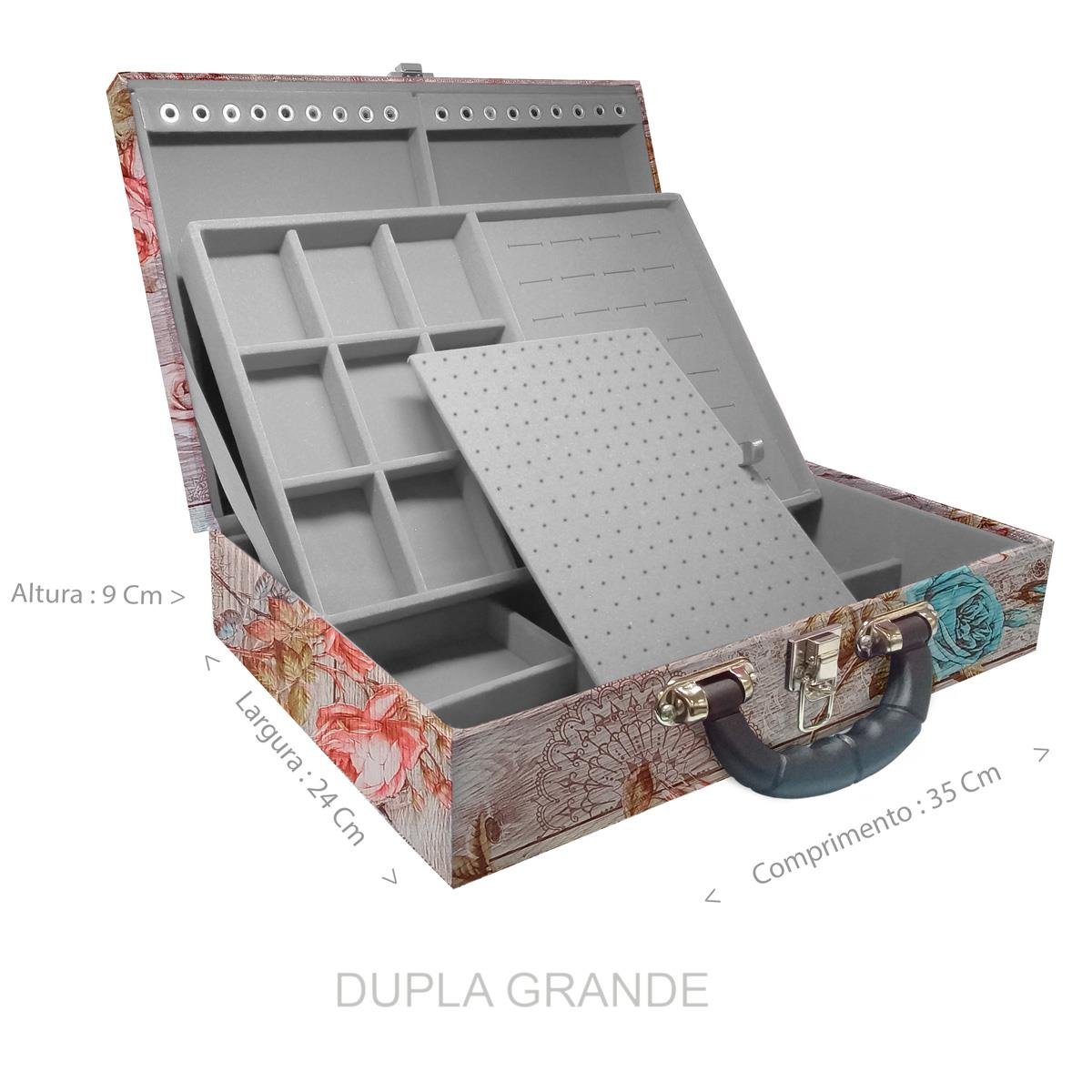 Estojo Maleta Porta Jóias Duplo Grande New Romantic Com Alça Preta e Espelho