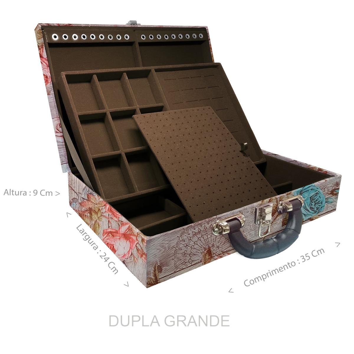 Estojo Maleta Porta Jóias Duplo Grande New Romantic Com Alça Preta e Espelho