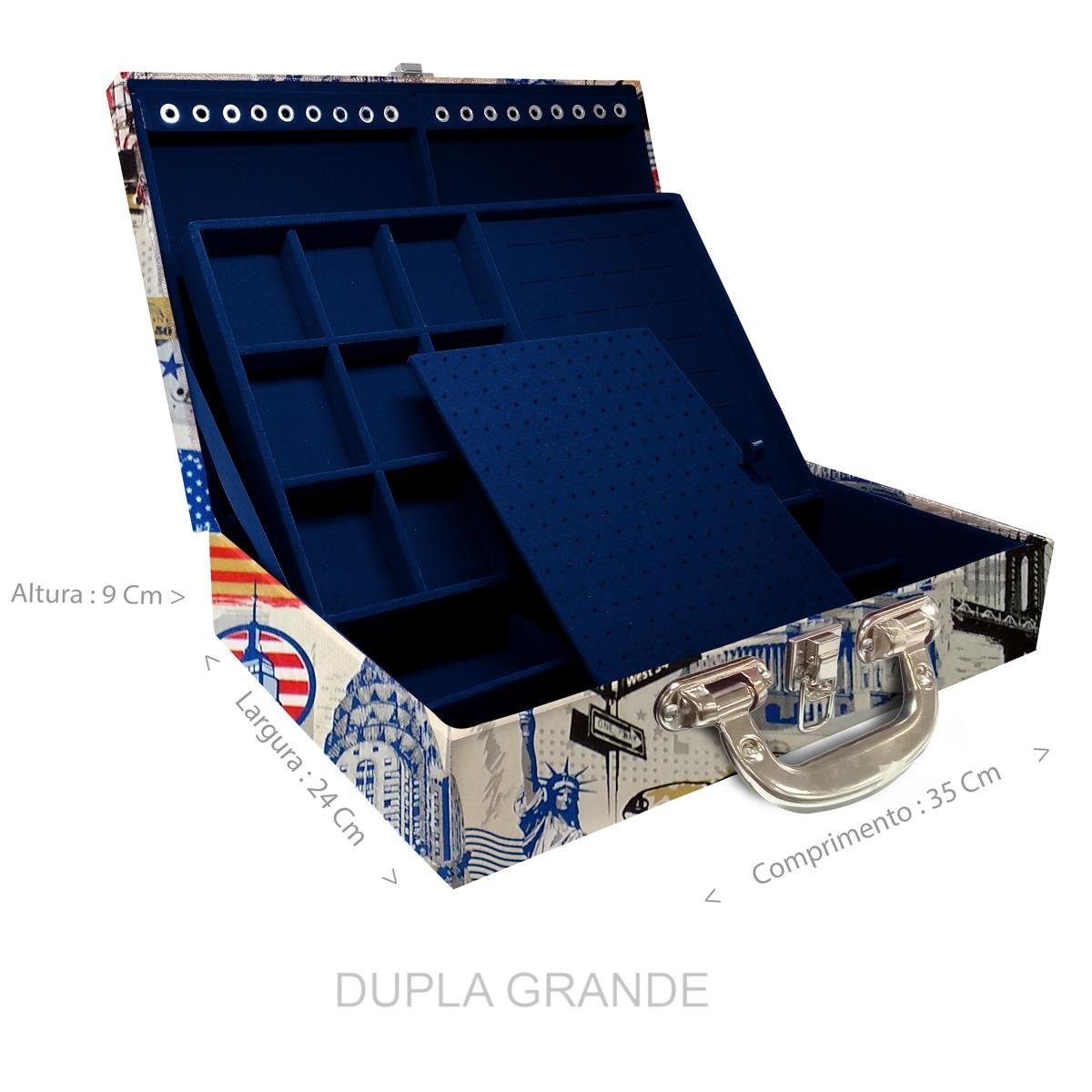Estojo Maleta Porta Jóias Duplo Grande Nova York Com Alça Cromada e Espelho