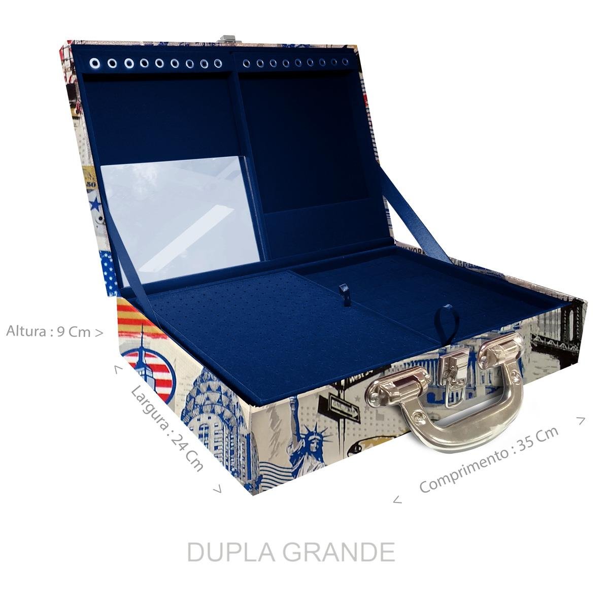Estojo Maleta Porta Jóias Duplo Grande Nova York Com Alça Cromada e Espelho