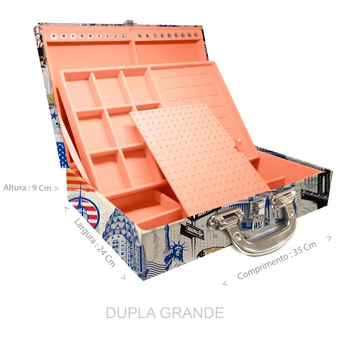 Estojo Maleta Porta Jóias Duplo Grande Nova York Com Alça Cromada e Espelho