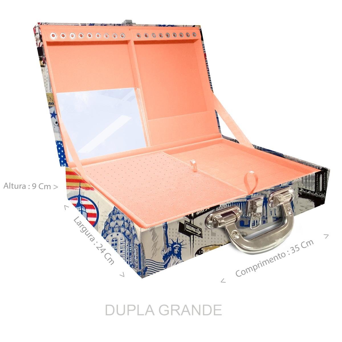 Estojo Maleta Porta Jóias Duplo Grande Nova York Com Alça Cromada e Espelho