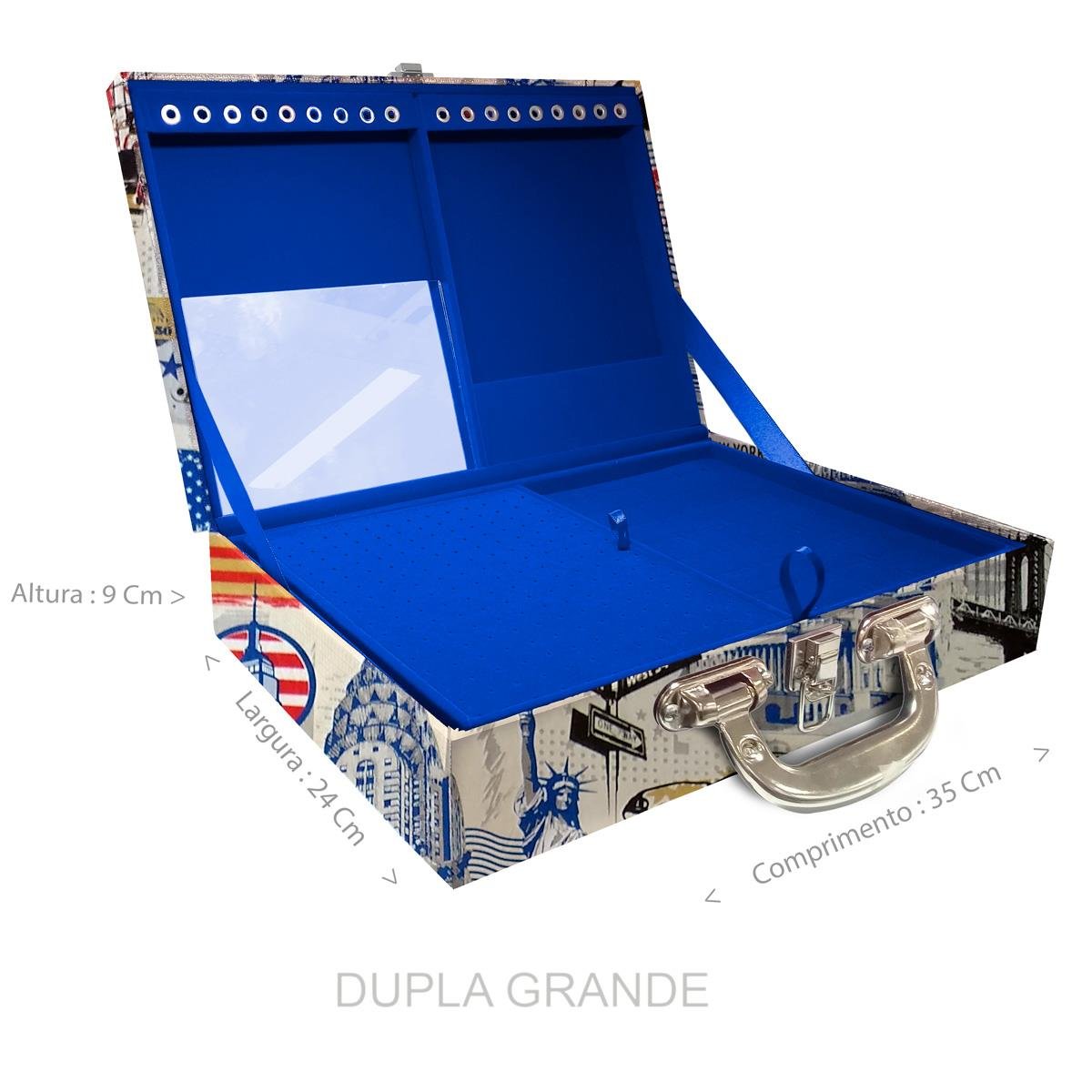 Estojo Maleta Porta Jóias Duplo Grande Nova York Com Alça Cromada e Espelho