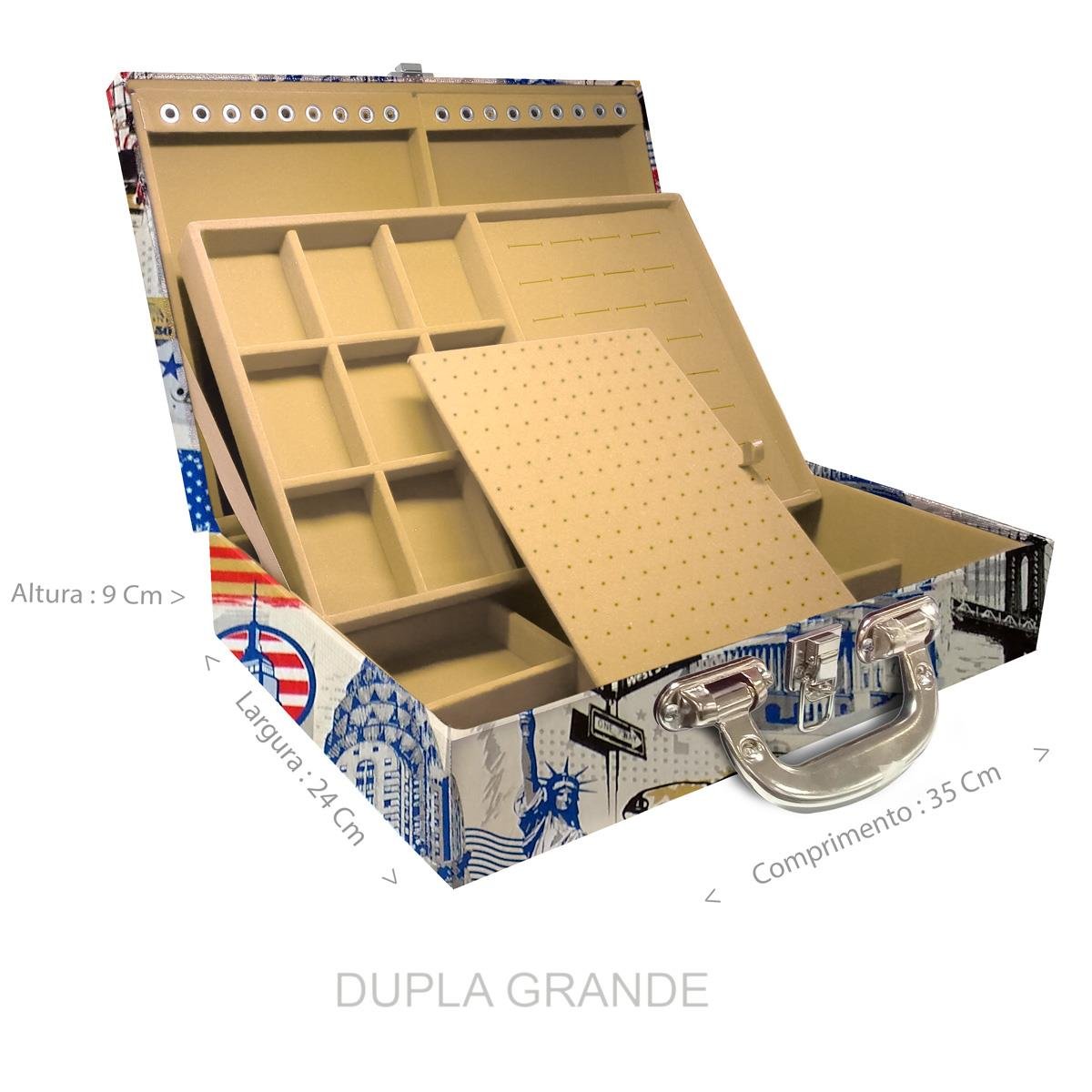 Estojo Maleta Porta Jóias Duplo Grande Nova York Com Alça Cromada e Espelho