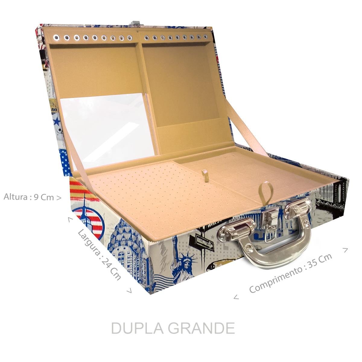Estojo Maleta Porta Jóias Duplo Grande Nova York Com Alça Cromada e Espelho