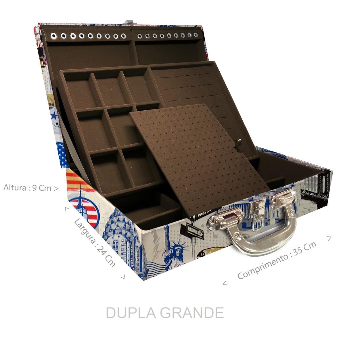 Estojo Maleta Porta Jóias Duplo Grande Nova York Com Alça Cromada e Espelho