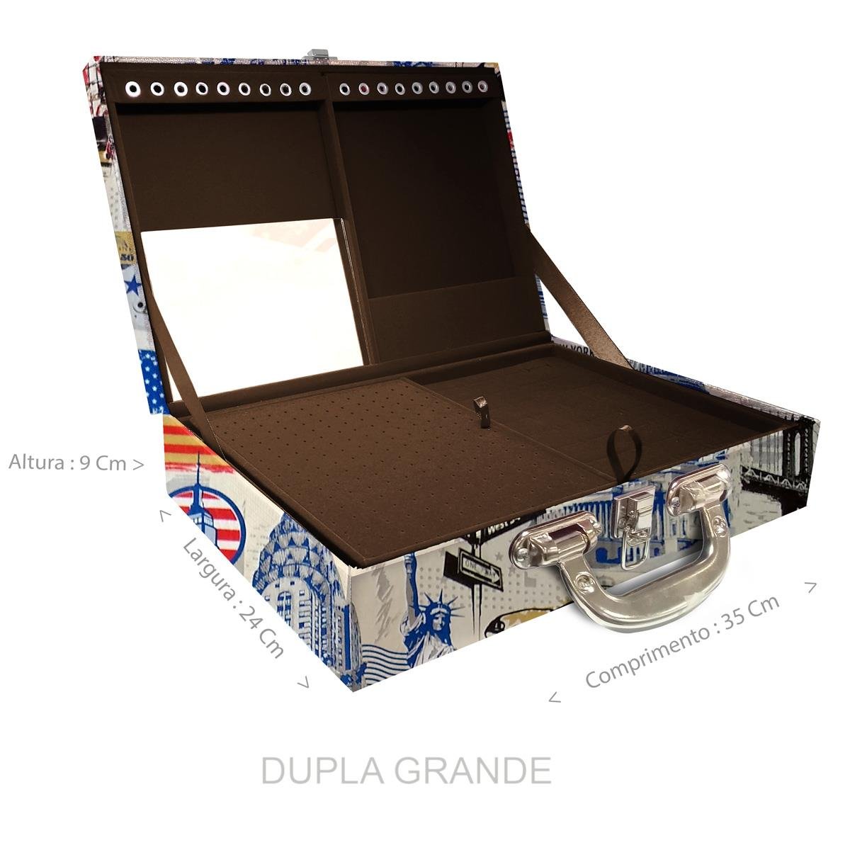 Estojo Maleta Porta Jóias Duplo Grande Nova York Com Alça Cromada e Espelho