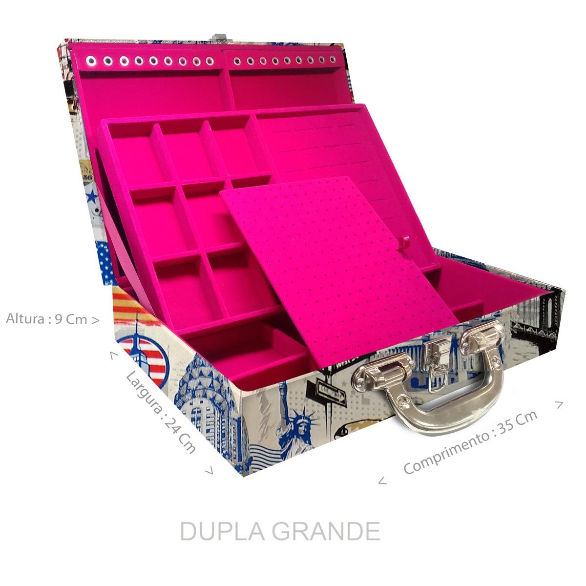 Estojo Maleta Porta Jóias Duplo Grande Nova York Com Alça Cromada e Espelho