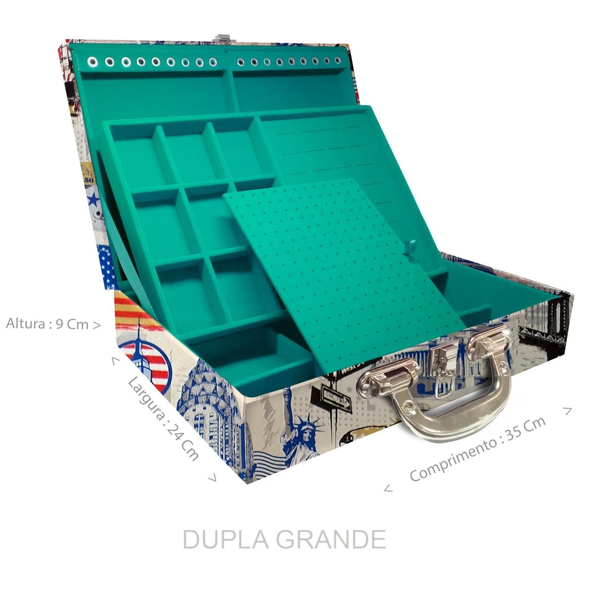 Estojo Maleta Porta Jóias Duplo Grande Nova York Com Alça Cromada e Espelho