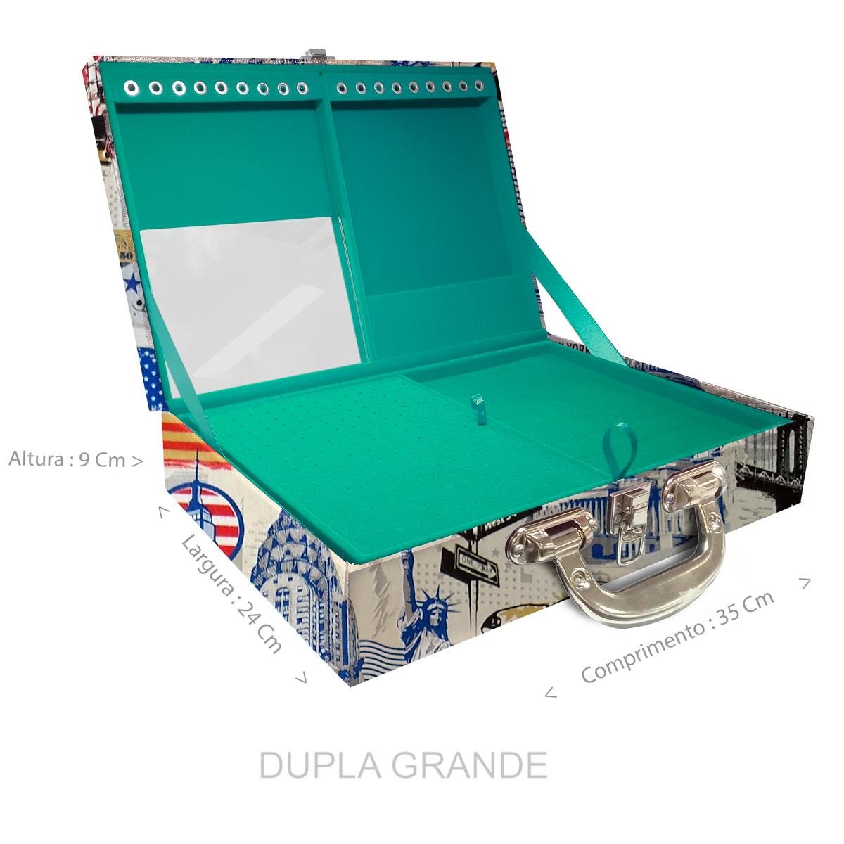Estojo Maleta Porta Jóias Duplo Grande Nova York Com Alça Cromada e Espelho