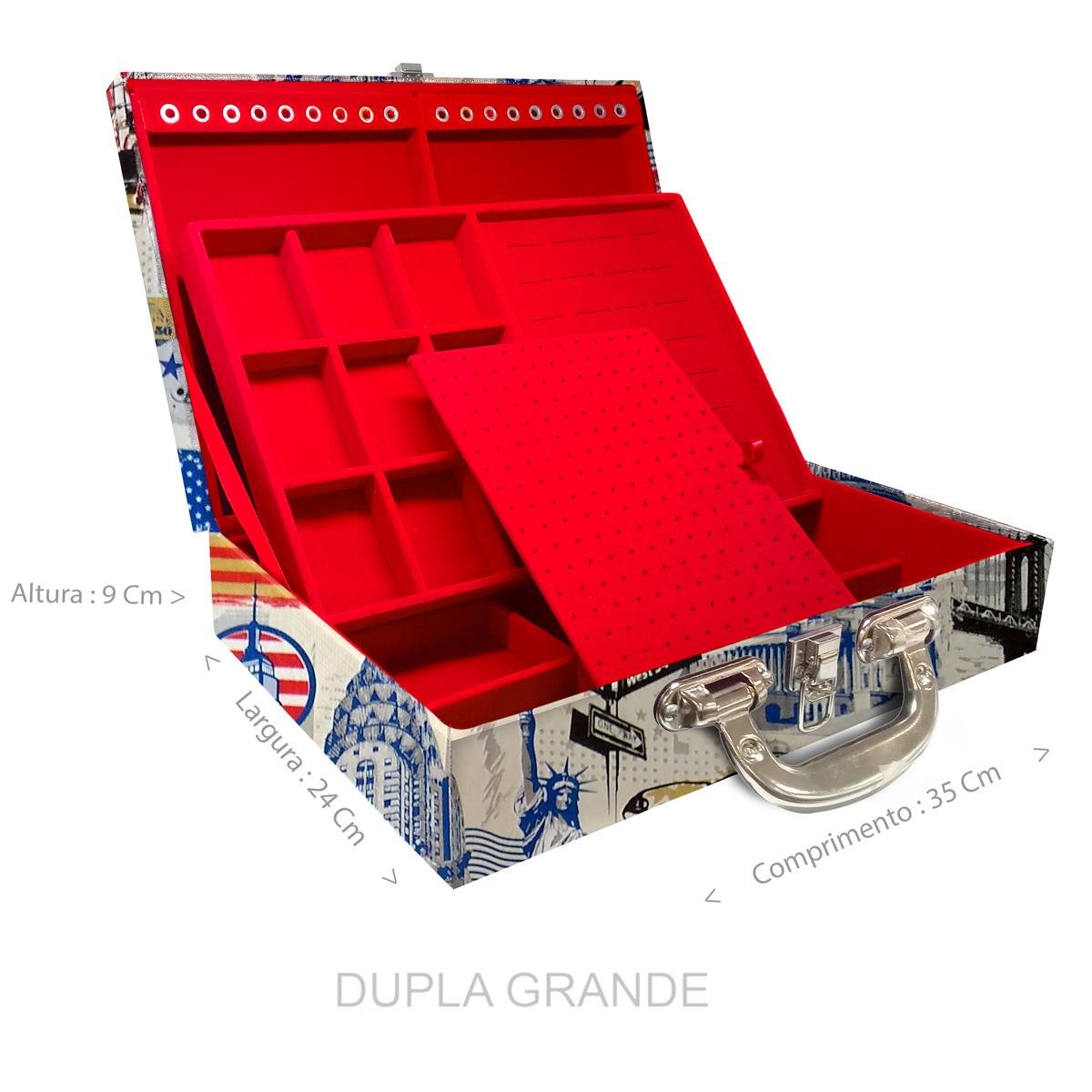 Estojo Maleta Porta Jóias Duplo Grande Nova York Com Alça Cromada e Espelho