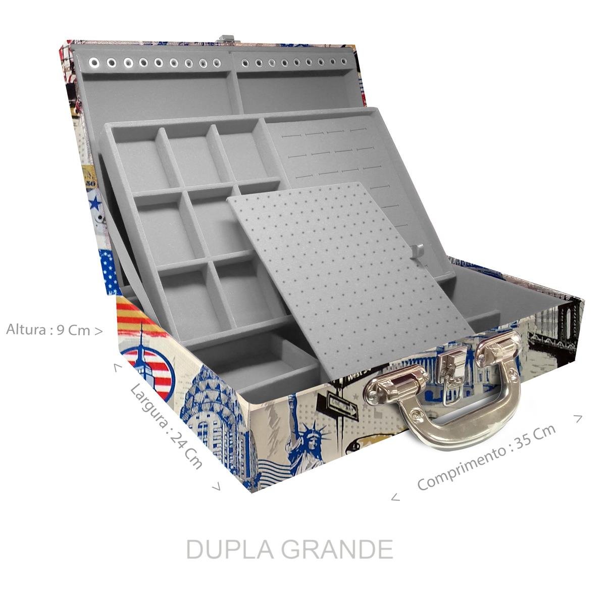 Estojo Maleta Porta Jóias Duplo Grande Nova York Com Alça Cromada e Espelho