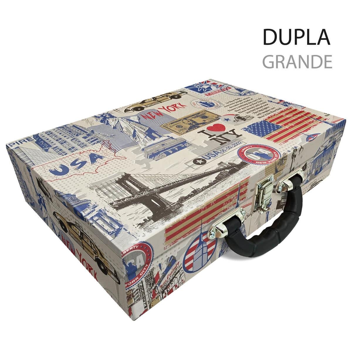 Estojo Maleta Porta Jóias Duplo Grande Nova York Com Alça Preta e Espelho