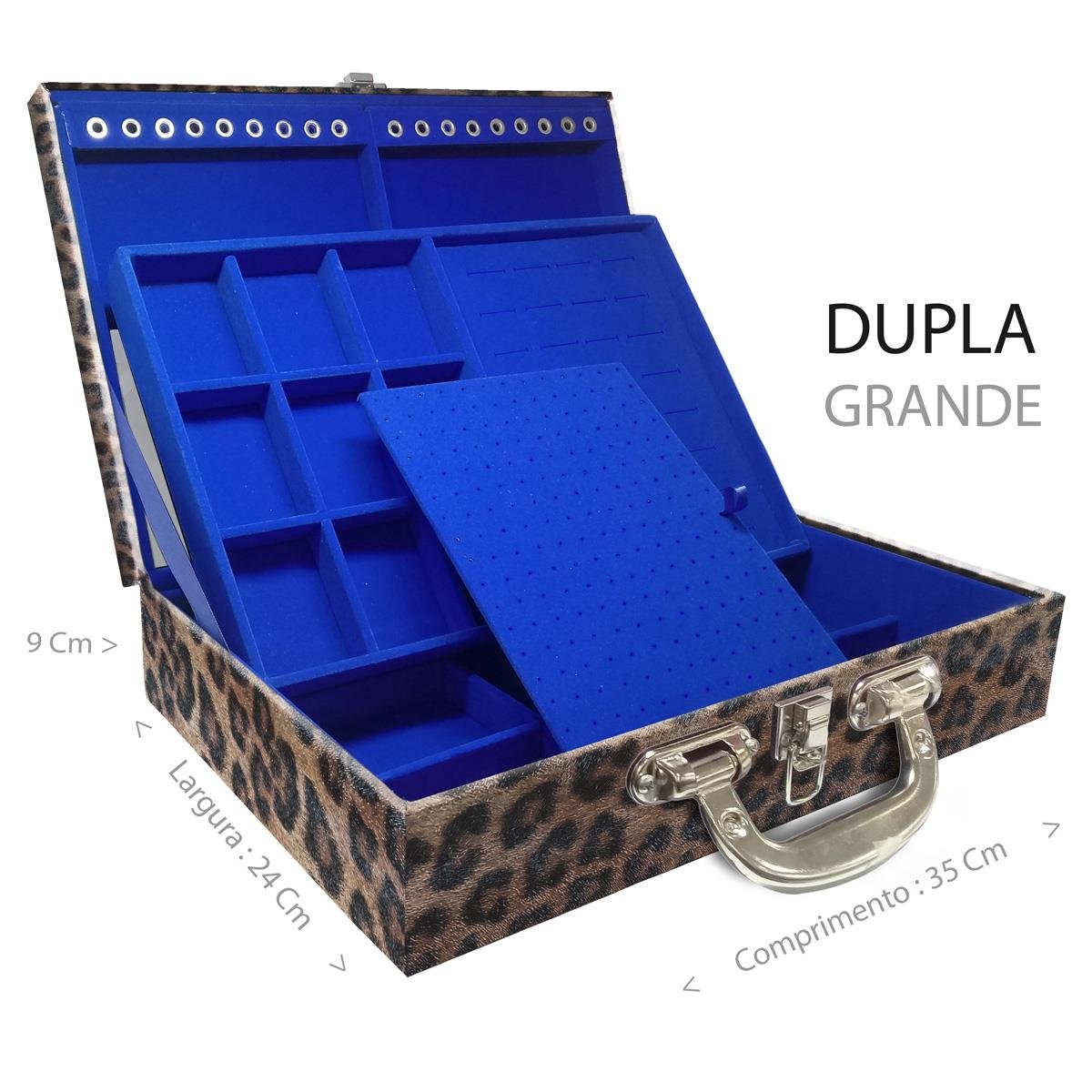 Estojo Maleta Porta Jóias Duplo Grande Onça Leopardo Com Alça Cromada e Espelho