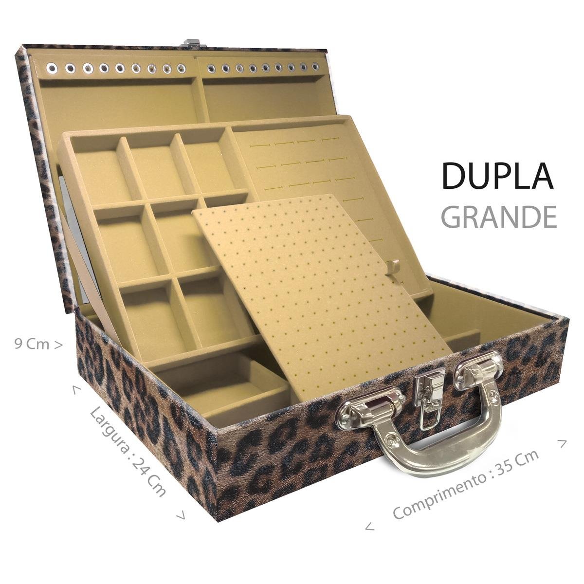 Estojo Maleta Porta Jóias Duplo Grande Onça Leopardo Com Alça Cromada e Espelho