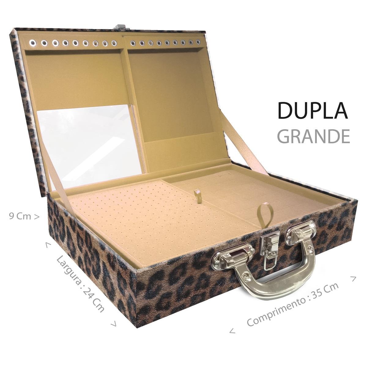 Estojo Maleta Porta Jóias Duplo Grande Onça Leopardo Com Alça Cromada e Espelho