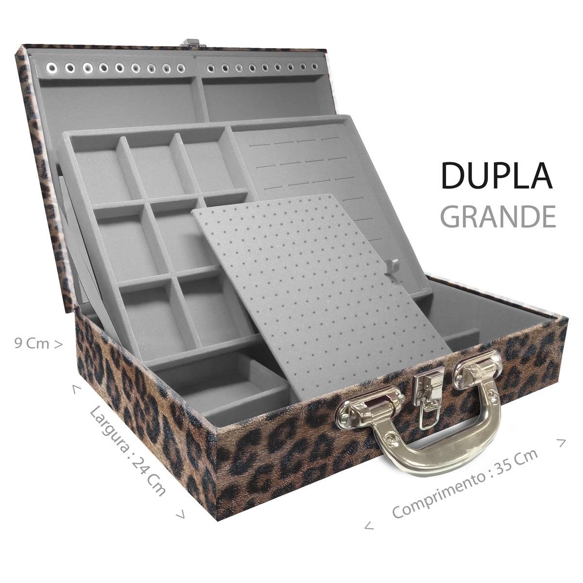 Estojo Maleta Porta Jóias Duplo Grande Onça Leopardo Com Alça Cromada e Espelho