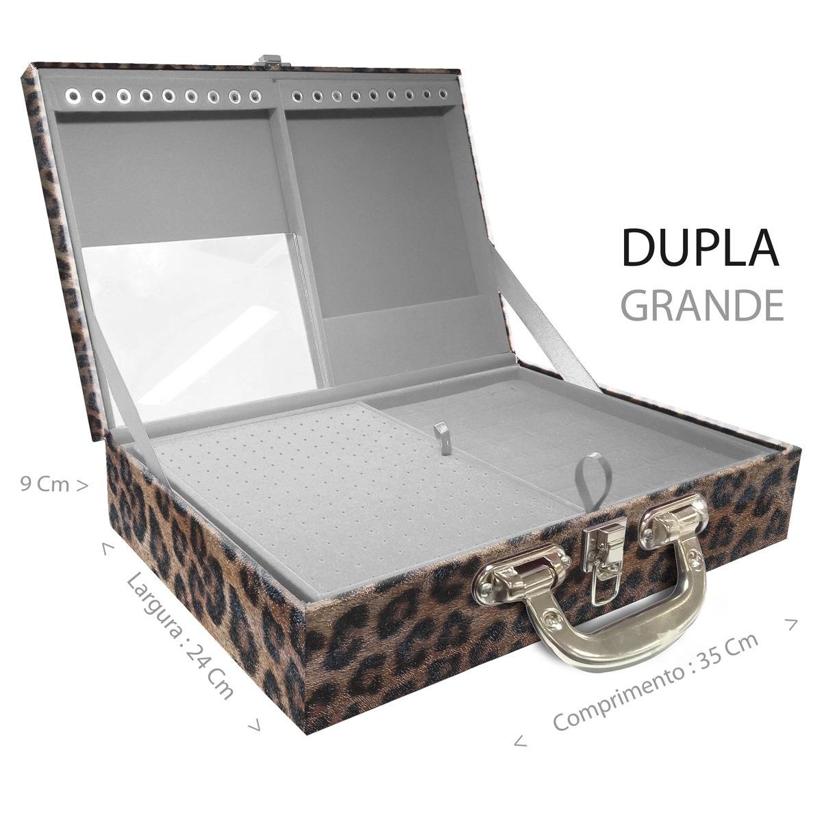 Estojo Maleta Porta Jóias Duplo Grande Onça Leopardo Com Alça Cromada e Espelho
