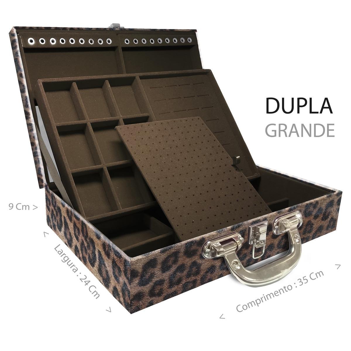 Estojo Maleta Porta Jóias Duplo Grande Onça Leopardo Com Alça Cromada e Espelho