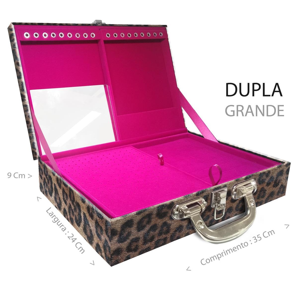 Estojo Maleta Porta Jóias Duplo Grande Onça Leopardo Com Alça Cromada e Espelho