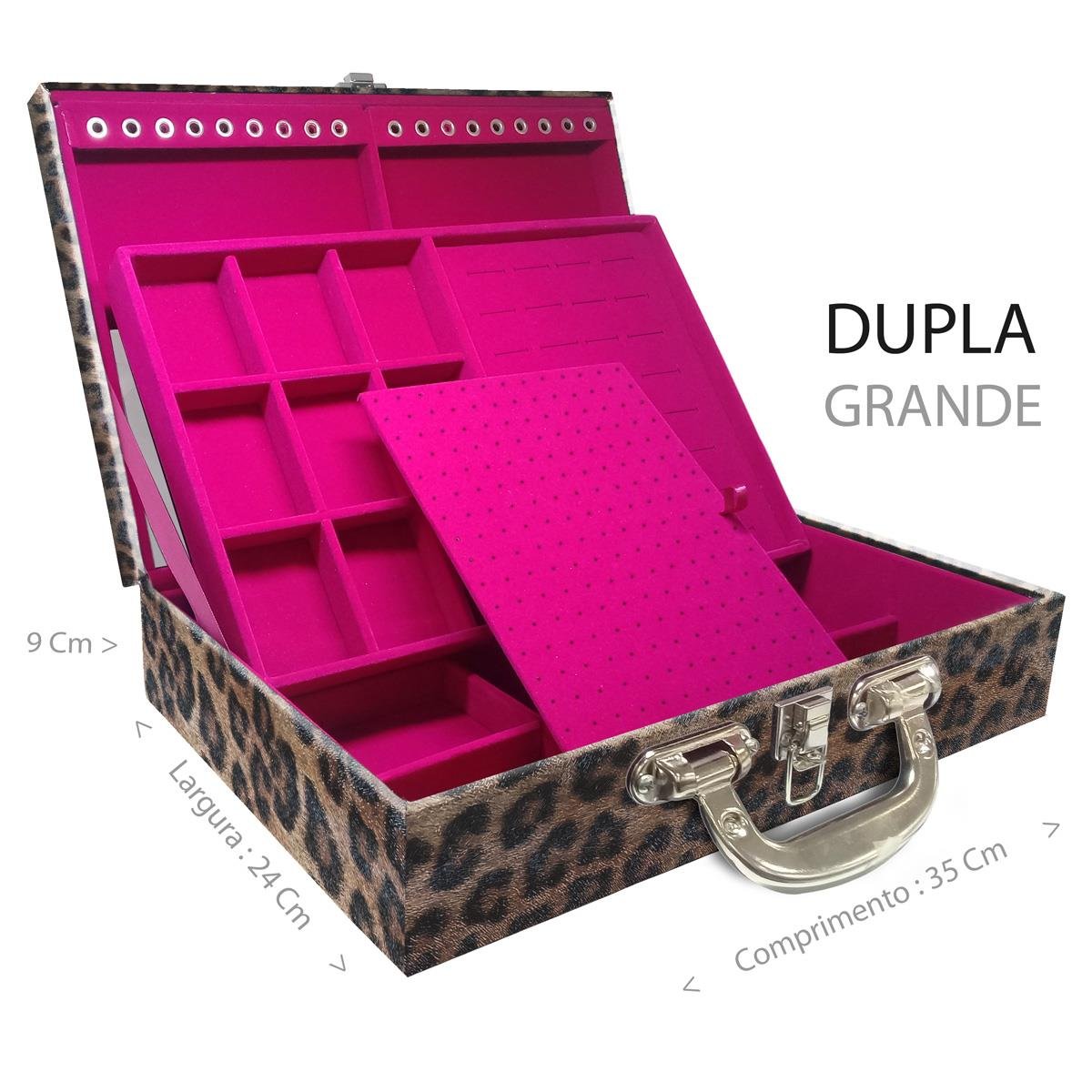 Estojo Maleta Porta Jóias Duplo Grande Onça Leopardo Com Alça Cromada e Espelho