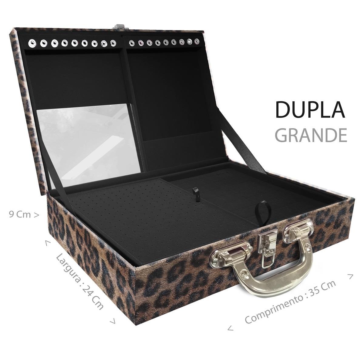 Estojo Maleta Porta Jóias Duplo Grande Onça Leopardo Com Alça Cromada e Espelho