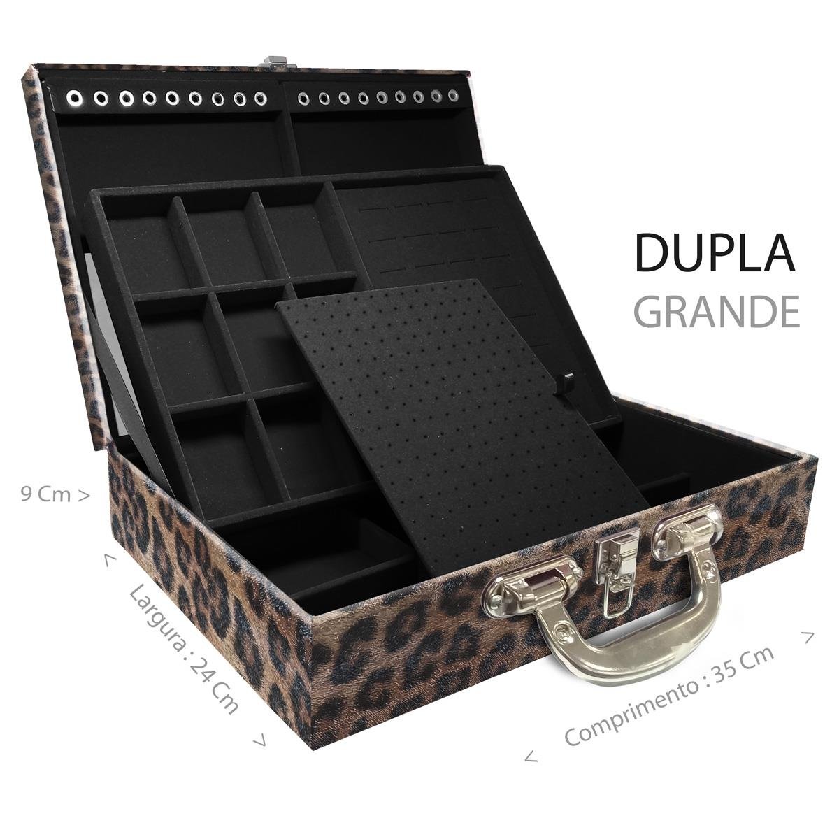 Estojo Maleta Porta Jóias Duplo Grande Onça Leopardo Com Alça Cromada e Espelho
