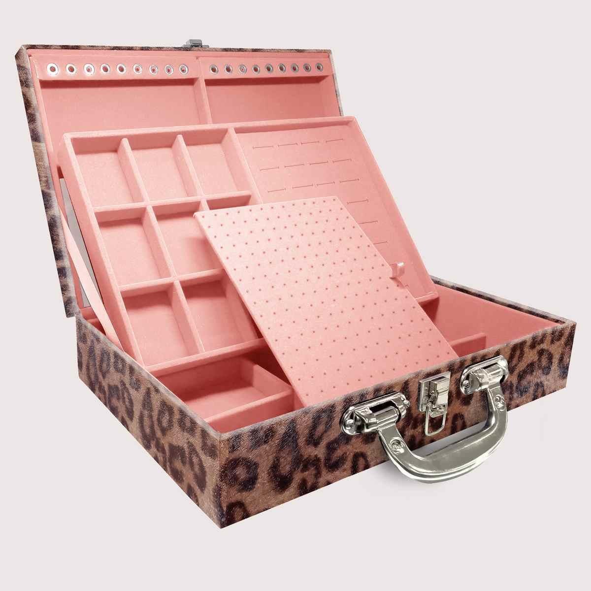 Estojo Maleta Porta Jóias Duplo Grande Onça Leopardo Com Alça Cromada e Espelho