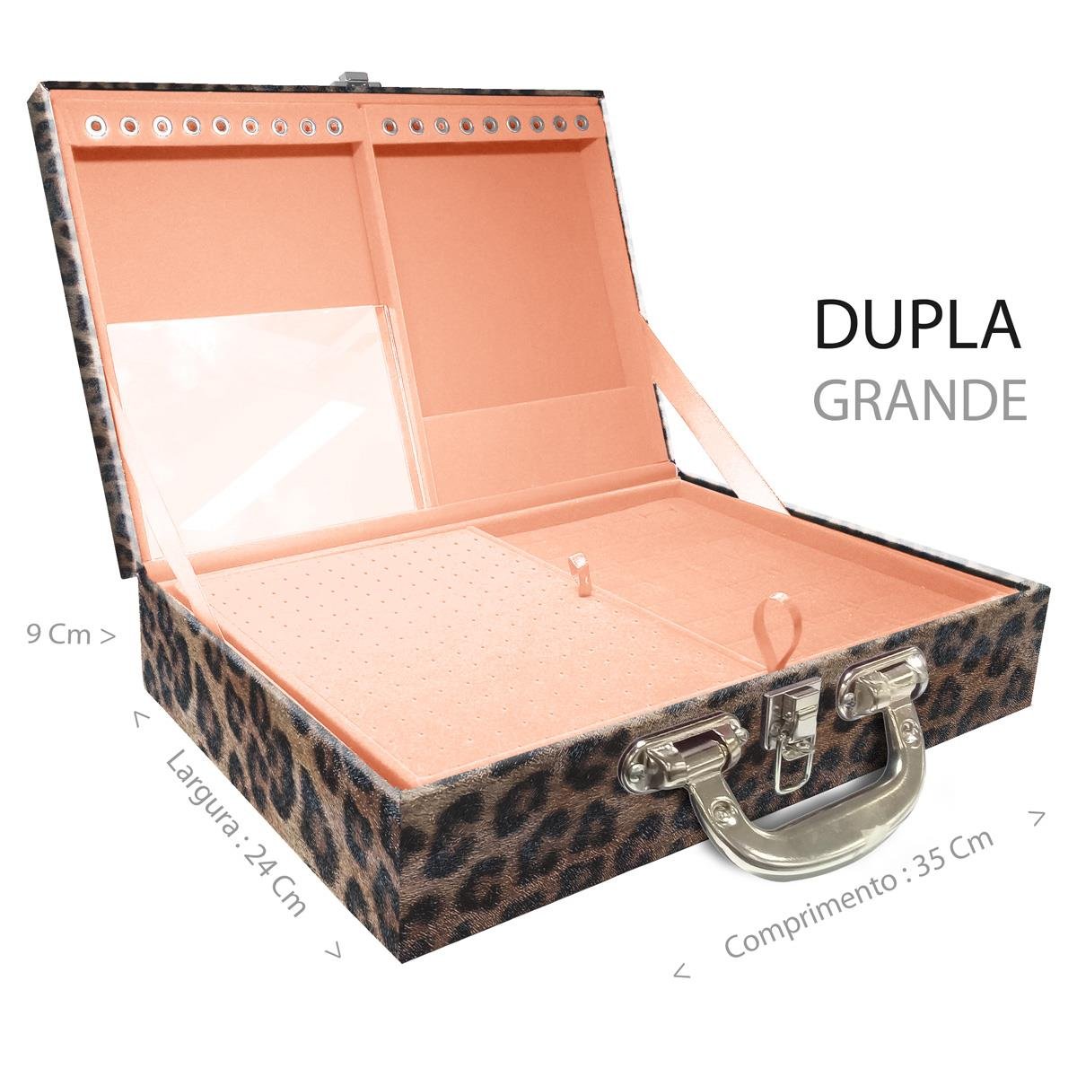 Estojo Maleta Porta Jóias Duplo Grande Onça Leopardo Com Alça Cromada e Espelho