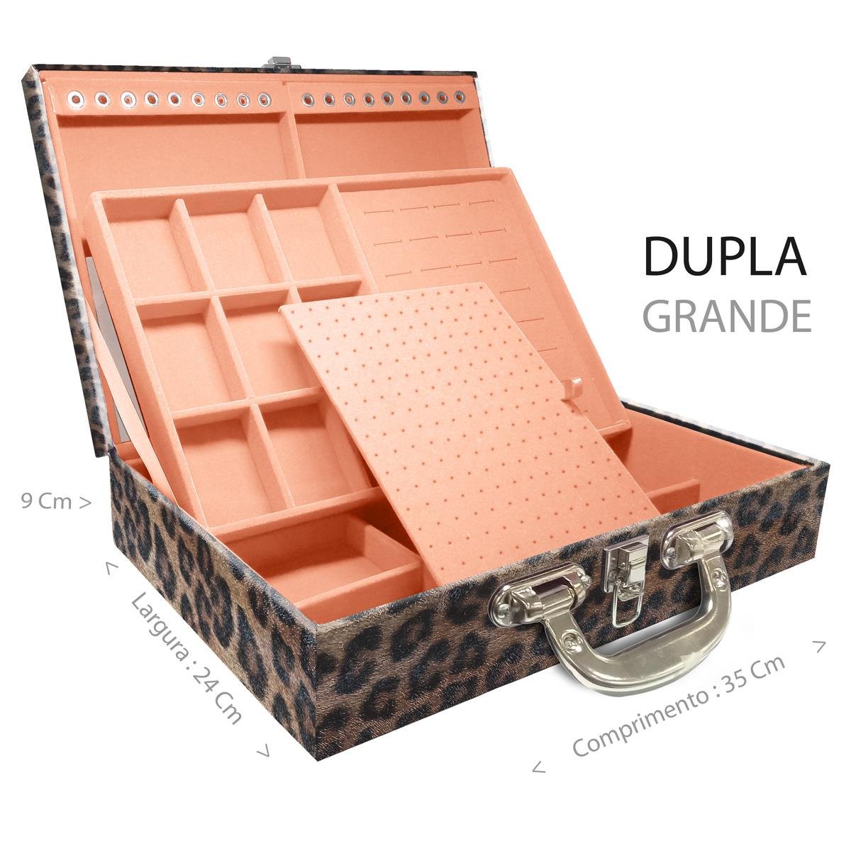 Estojo Maleta Porta Jóias Duplo Grande Onça Leopardo Com Alça Cromada e Espelho