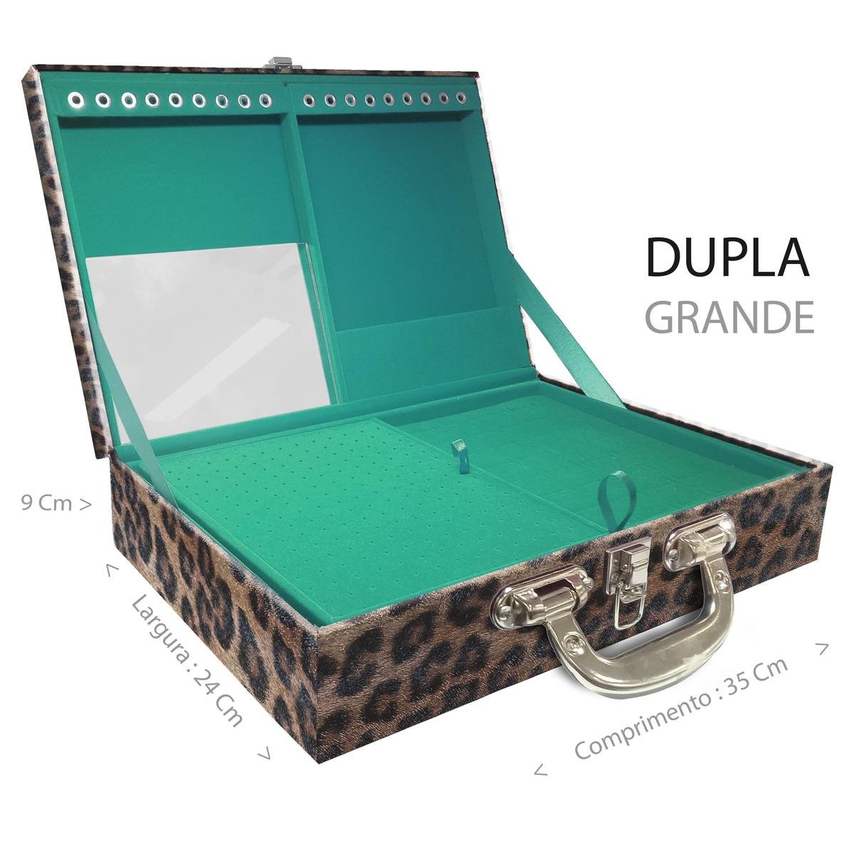 Estojo Maleta Porta Jóias Duplo Grande Onça Leopardo Com Alça Cromada e Espelho