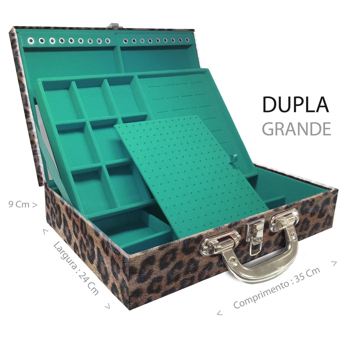 Estojo Maleta Porta Jóias Duplo Grande Onça Leopardo Com Alça Cromada e Espelho