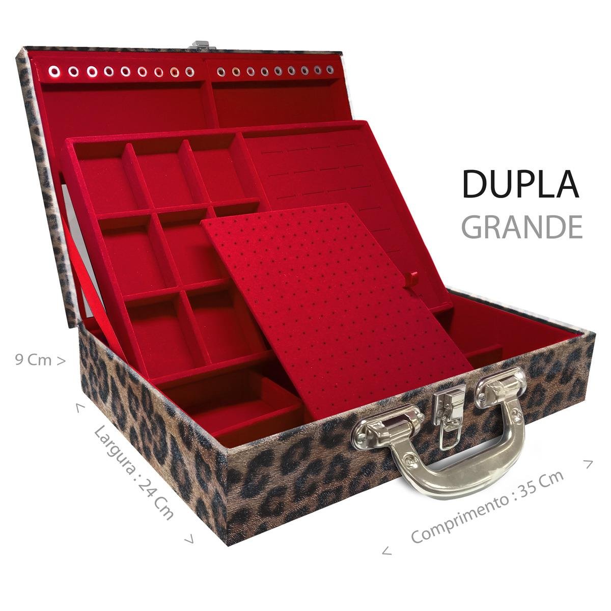 Estojo Maleta Porta Jóias Duplo Grande Onça Leopardo Com Alça Cromada e Espelho