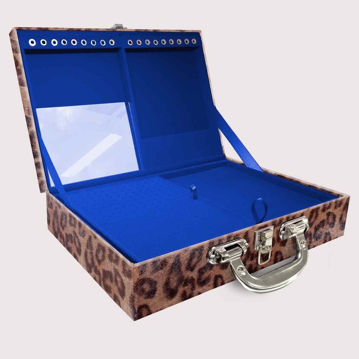 Estojo Maleta Porta Jóias Duplo Grande Onça Leopardo Com Alça Cromada e Espelho